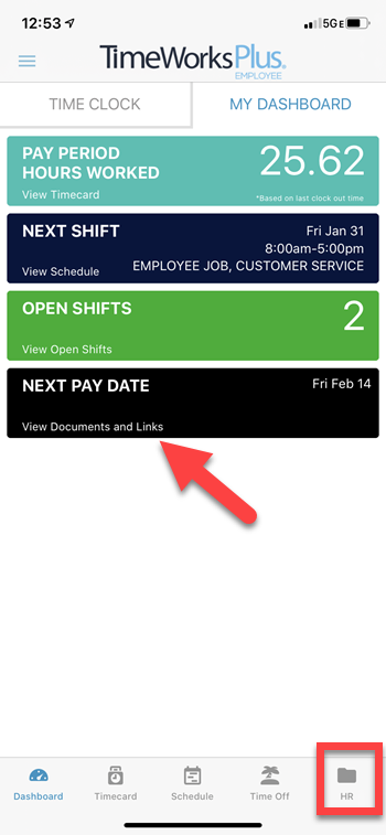 Next pay date and HR tab in the mobile app