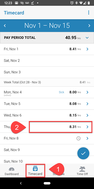 Selecting a day in the mobile app