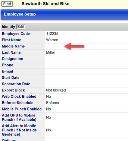 middle name field on the employee record
