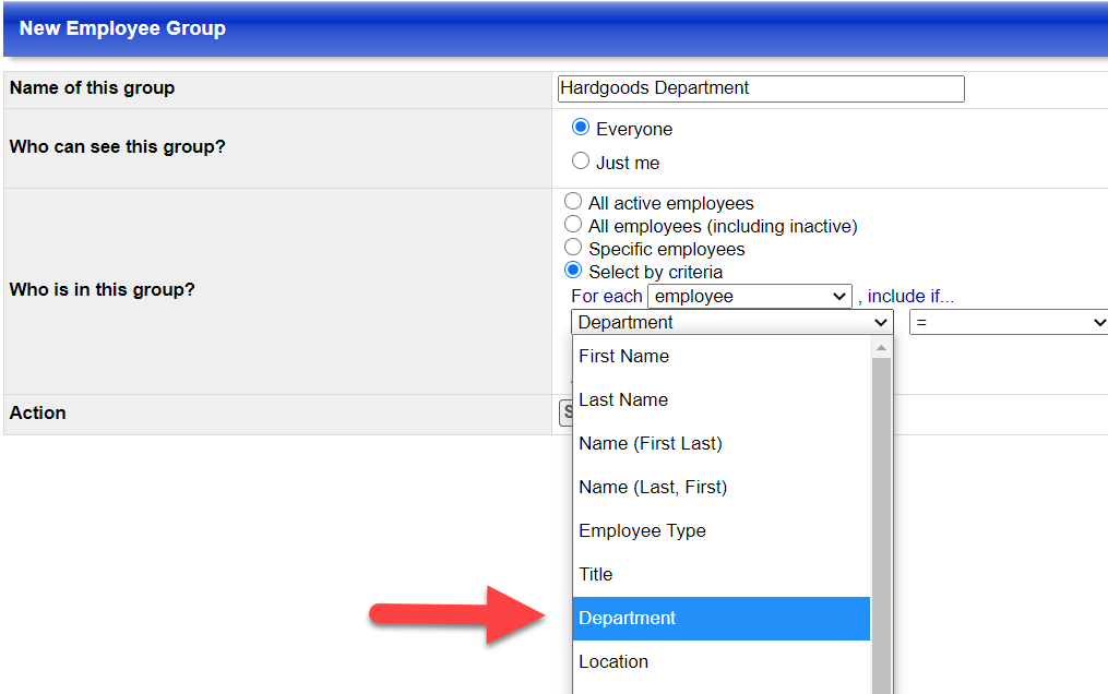 selecting Department as a filter