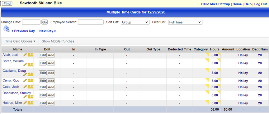 Quick Add Time Card Entries