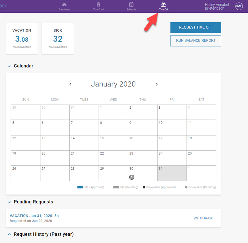 The Time off page in the Portal. The Time Off icon is pointed out on the top of the screen