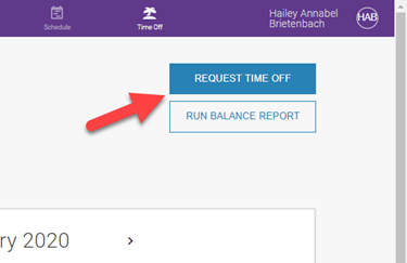 A closeup view of the time off button on the time off page