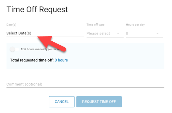 A portion of the time off modal where Select Dates is pointed out