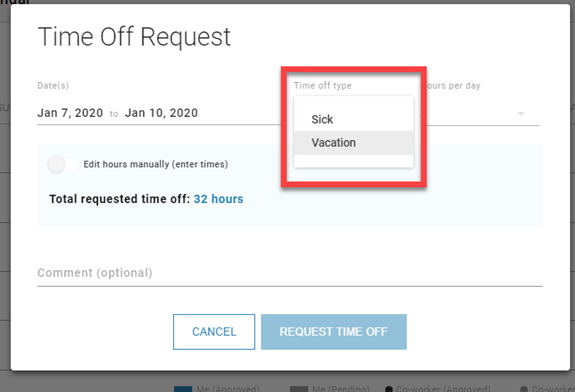 The time off type dropdown expanded with Sick and Vacation as options