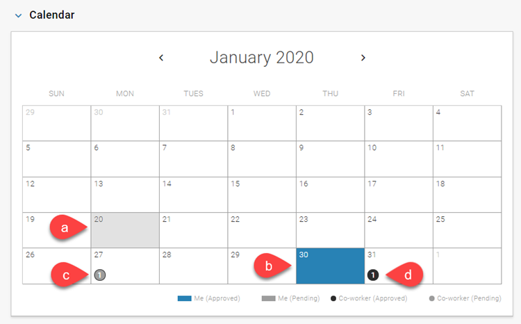 A calendar with elements identified that correspond to the list below