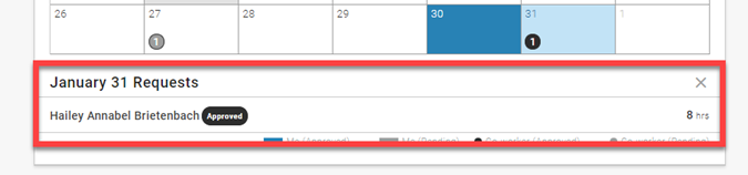 The bottom of the calendar with a coworker's approved request highlighted