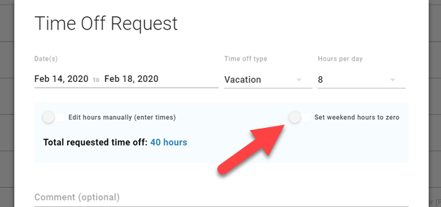 A toggle button pointed out on the time off request module that sets weekend hours to 0
