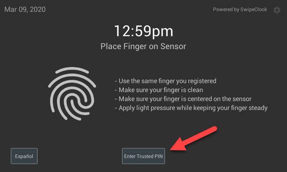 Trusted PIN button on the Touch clock entry screen