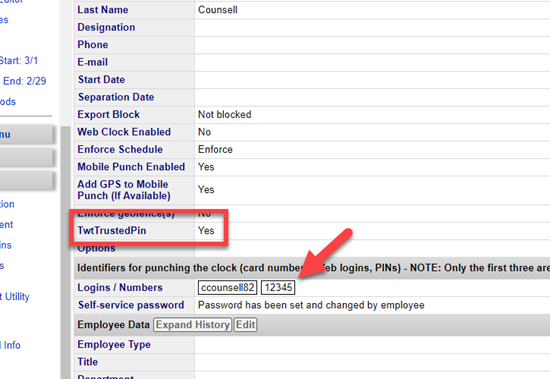 Trusted PIN option in Employee Setup