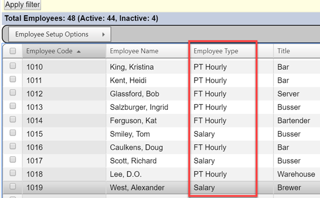 employee type field in the Employee Setup list view